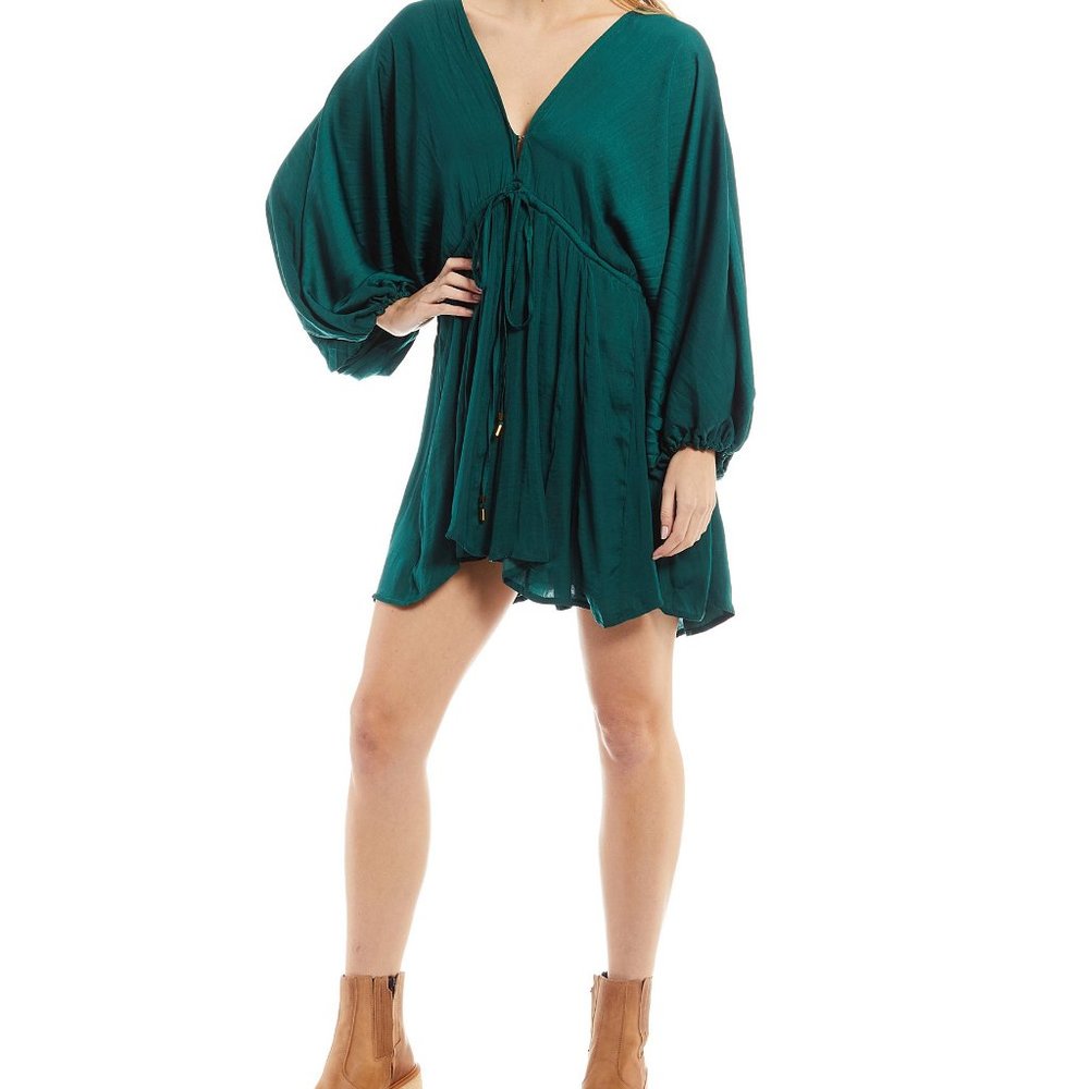 Free People Arzek Plunging V-Neck Tie Waist Back Detail Long Balloon Sle…